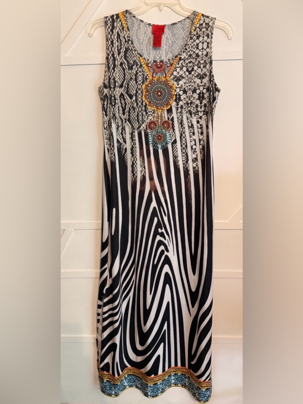 Christina Black & White Zebra-Print Maxi Skirt with Beaded Medallion
